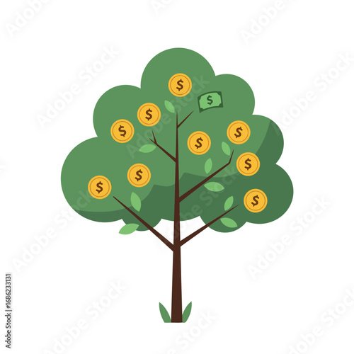 Illustration of a money tree with gold coins and a dollar bill, representing financial growth.
