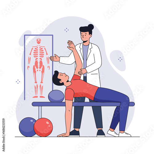 Doctor assisting patient with physiotherapy exercises in a clinic, with skeleton illustration.
