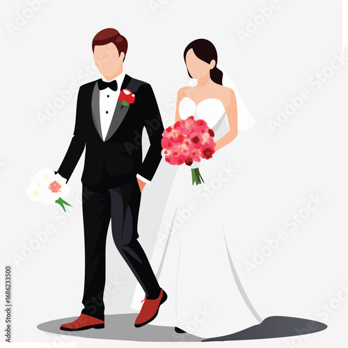 Elegant Wedding Day Illustration A Stylish Couple Joining Hands and a Beautiful Bride with a Bouquet