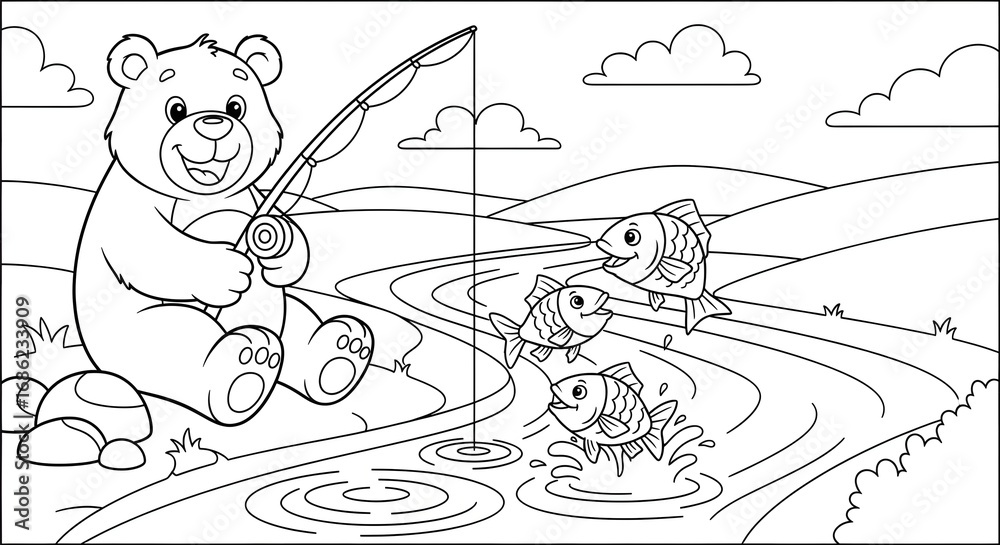 Obraz premium A cute cartoon teddy bear fishing in a river, with fish jumping out of the water. A black and white coloring book page for children