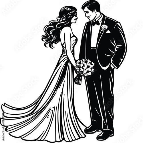 Elegant Monochrome Wedding Artistry Bride and Groom Embracing in Timeless Romance and Celebration of Love and Commitment
