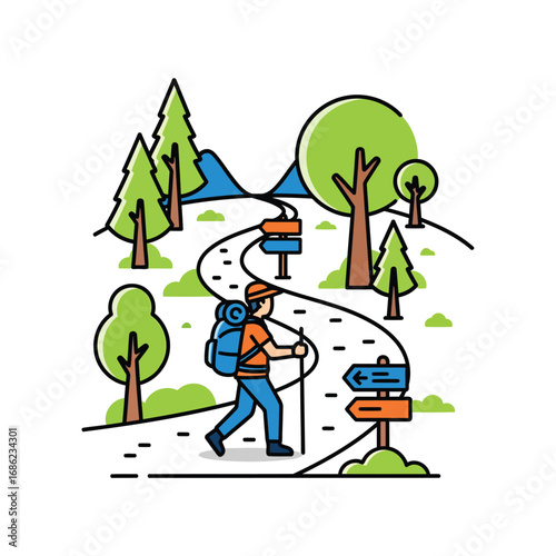 A person with a backpack hiking on a winding path through a scenic landscape.