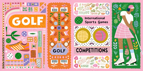 Vibrant illustration celebrating golf as an international sports competition with playful graphics and diverse elements