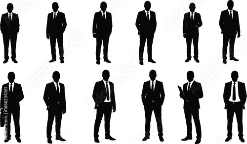 Silhouettes of business men in formal suits with various poses, standing and holding briefcases, perfect for corporate and leadership concepts