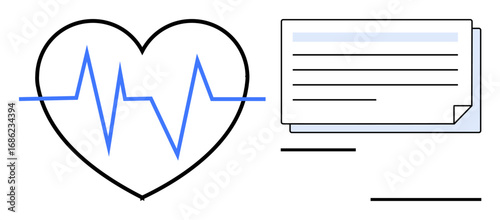 Heartline tracing inside a heart alongside medical paperwork symbolizing medical care, health monitoring, and diagnostics. Ideal for healthcare, wellness, research, medicine, cardiology