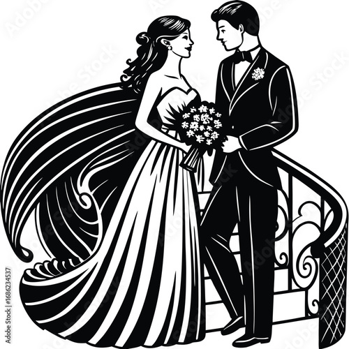 Elegant Monochrome Wedding Artistry Bride and Groom Embracing in Timeless Romance and Celebration of Love and Commitment
