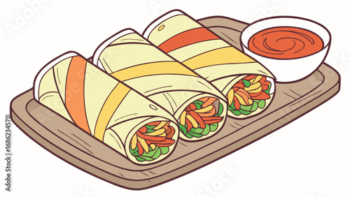 Delicious burritos with sauce on a wooden tray, mexican food, wraps, tasty cuisine, lunch and dinner