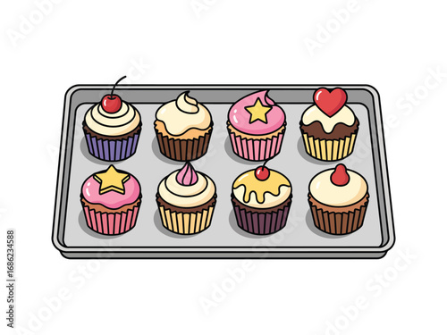 A tray of eight decorated cupcakes with various toppings and frosting.