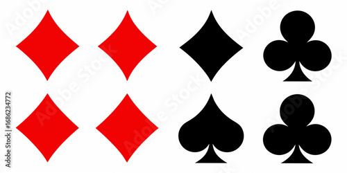 Collection of four playing card suits including diamonds spades and clubs on a white background