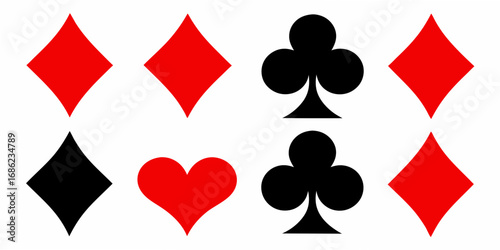 Collection of red and black playing card suits diamonds hearts and clubs on a white background