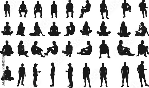 Silhouettes of diverse people sitting, standing, and relaxing in casual poses, isolated on white background, perfect for lifestyle concepts