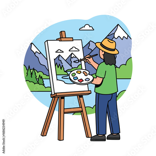 A person painting a landscape of mountains and a lake on an easel outdoors.
