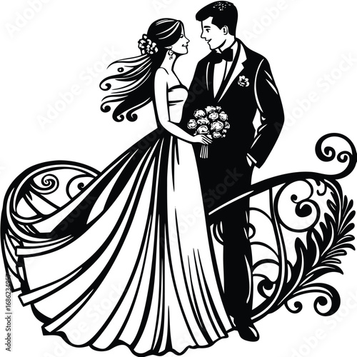Elegant Monochrome Wedding Artistry Bride and Groom Embracing in Timeless Romance and Celebration of Love and Commitment