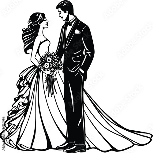 Elegant Monochrome Wedding Artistry Bride and Groom Embracing in Timeless Romance and Celebration of Love and Commitment