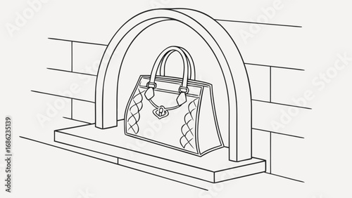Handbag purse fashion accessory on display shelf line art drawing for coloring book page illustration