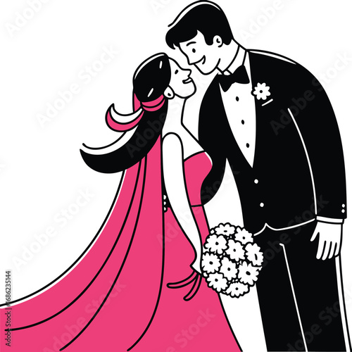 Cartoon Wedding Illustration Joyful Bride and Groom Exchange Loving Gazes in Black White and Pink Palette