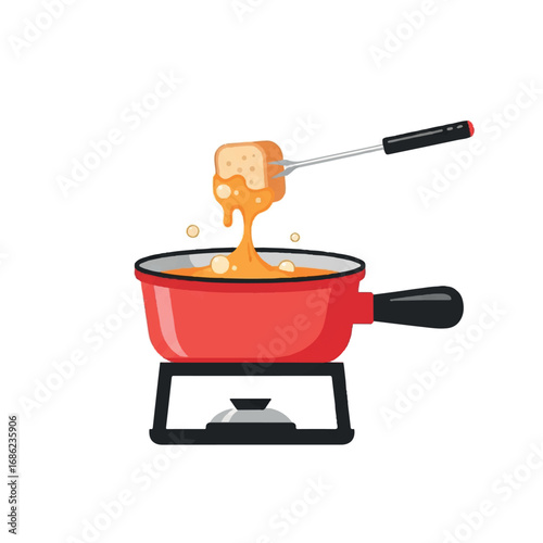 Delicious Cheese Fondue Pot with Bread Cube Dipped in Melted Cheese.
