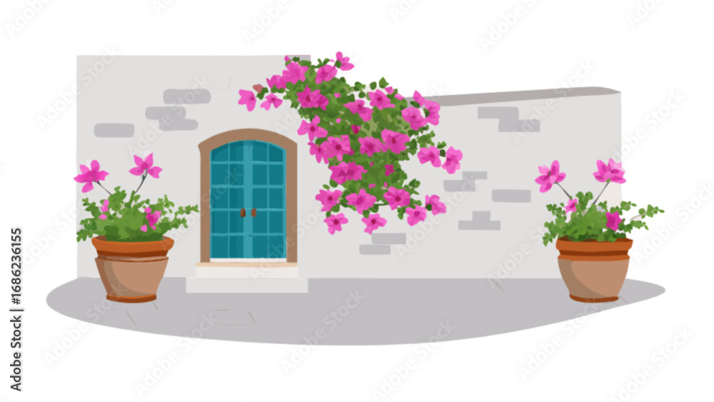 Fototapeta premium Charming mediterranean scene with flowers in pots and a blue door summer vacation illustration