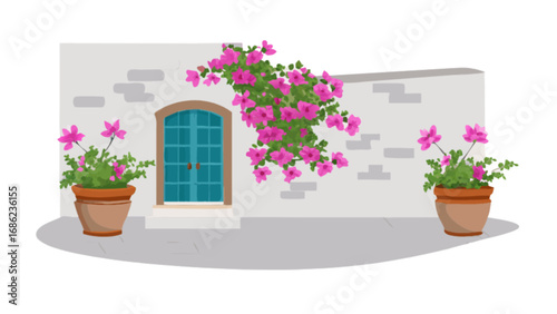 Charming mediterranean scene with flowers in pots and a blue door summer vacation illustration