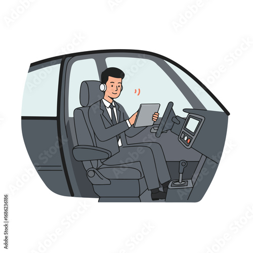 Illustration of a person in a car using a tablet wearing headphones and listening