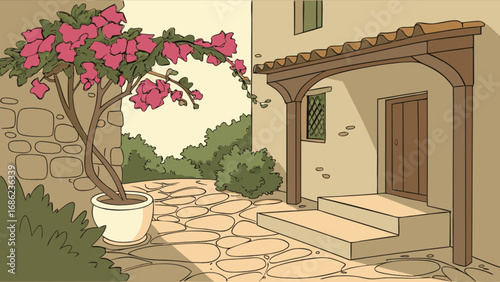 Charming mediterranean villa with bougainvillea flowers and stone pathway illustration vector art