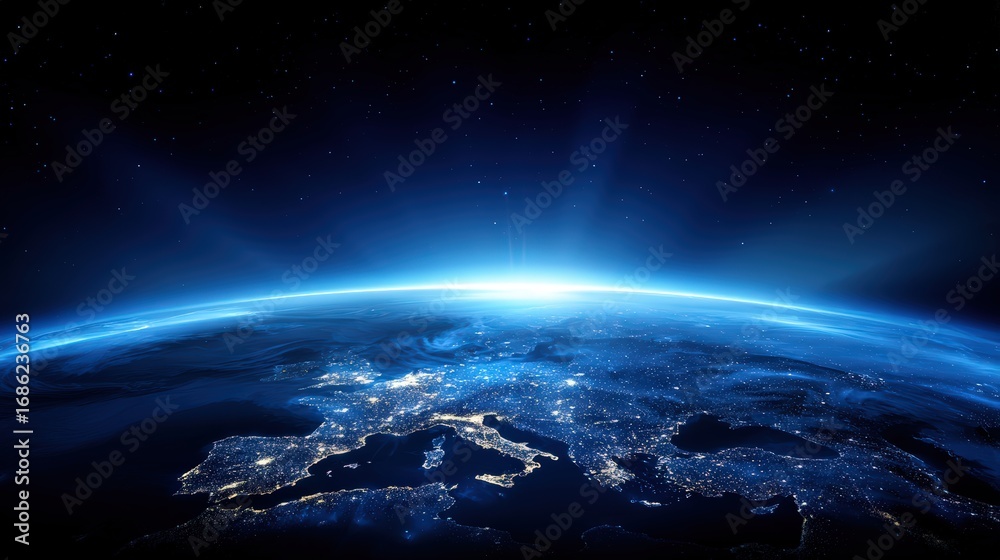 Obraz premium Stunning view of planet Earth from space showing the atmosphere illuminated at sunrise with city lights and starry night sky