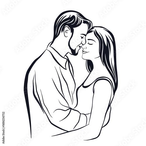 Passionate Embrace A Black and White Illustration of a Romantic Couple Sharing an Intimate Moment