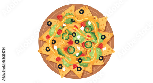Delicious Nachos with Cheese and Toppings on a Wooden Plate.
