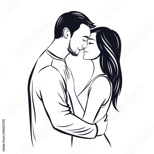 Passionate Embrace A Black and White Illustration of a Romantic Couple Sharing an Intimate Moment