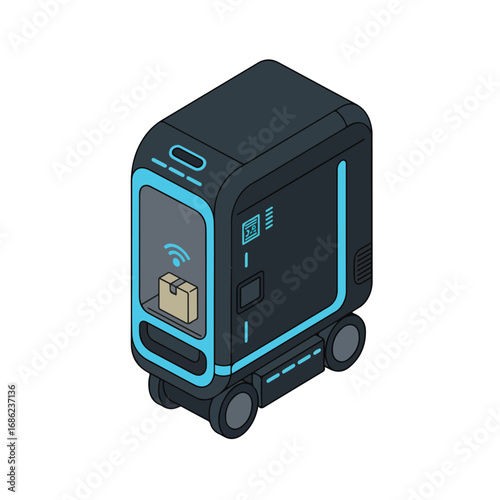 Isometric view of a delivery robot It has a darkgray rectangular body with blue accents wheels and a window displaying a package and WiFi icon