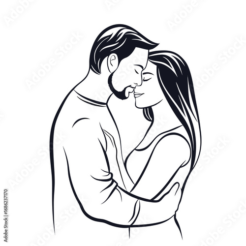Passionate Embrace A Black and White Illustration of a Romantic Couple Sharing an Intimate Moment