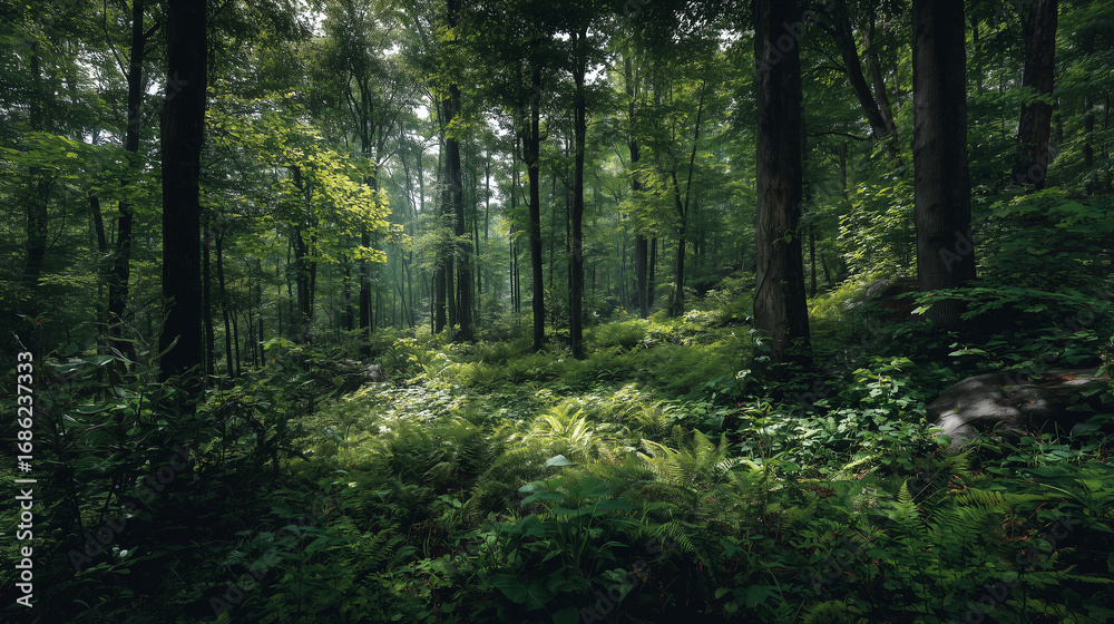 Obraz premium High-resolution lush summer forest images: vibrant green trees, dense foliage, perfect for print and web.