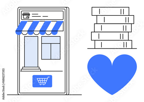Smartphone with storefront, shopping cart icon, book stack, and heart. Ideal for e-commerce, local businesses, online shopping, education, digital platforms retail promotion simple landing page