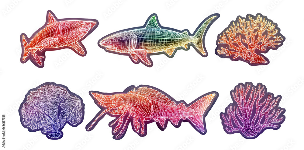 Naklejka premium Vibrant Illustration of Marine Animals and Coral on Transparent Background
