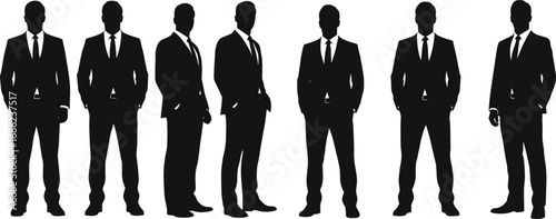 Silhouette of business men in suits, standing professionally, teamwork, corporate leadership, formal attire, black and white concept, isolated.