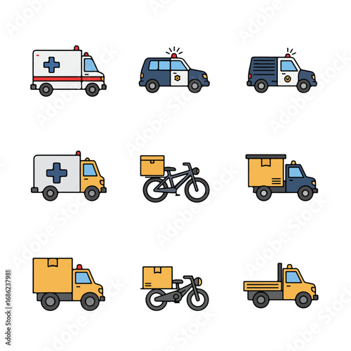 Nine cartoon vehicles ambulances police cars delivery trucks and bicycles