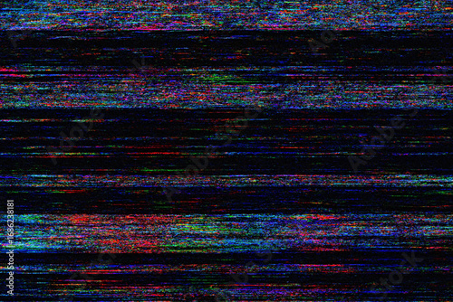 Dynamic colorful glitch effect texture overlay simulating digital error or signal disruption adding a modern distorted aesthetic appeal