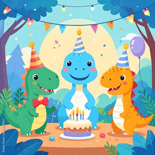 Cute dinosaurs celebrate birthday