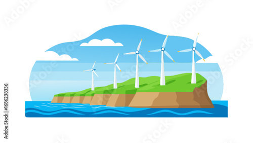 Wind energy turbines on island illustration for renewable power generation and clean energy resources