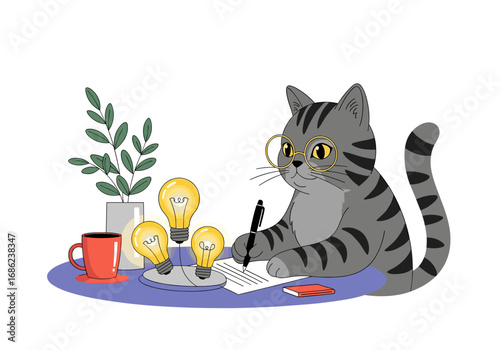 Creative cat sitting at a desk brainstorming ideas under light bulbs