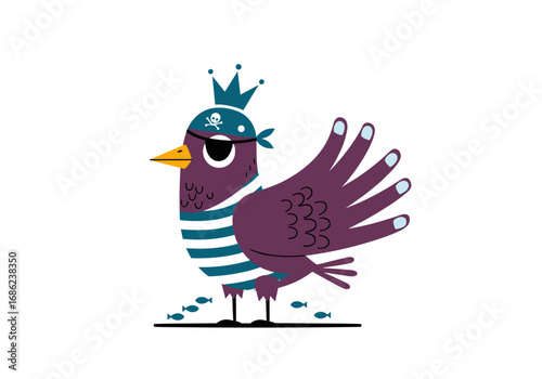 A whimsical cartoon pirate bird wearing a crown and eyepatch stands on a thin line with small fish swimming below its feet
