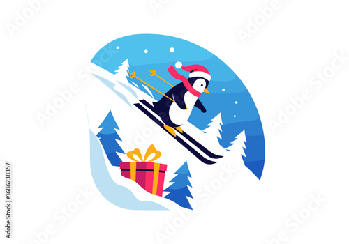 A cute penguin wearing a santa hat skiing down a snowy hill with a gift box below