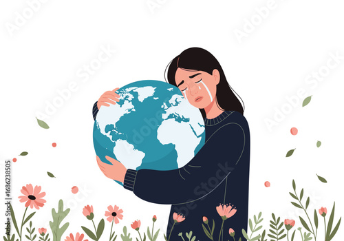A girl crying holding the earth depicting environmental concerns and sadness over planet