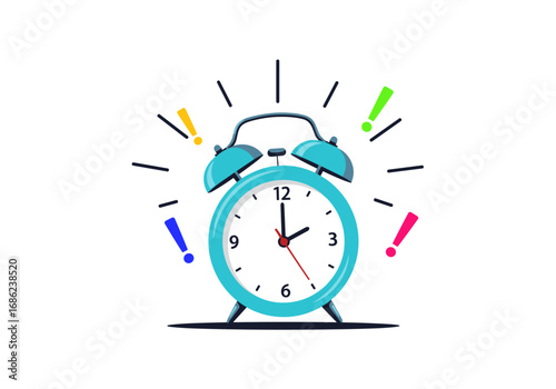 A bright blue retro alarm clock rings loudly signaling time for an important event or activity