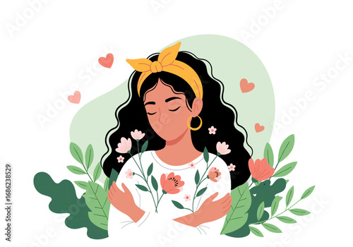 Embracing self love and inner peace with gentle floral surroundings and heartfelt affection