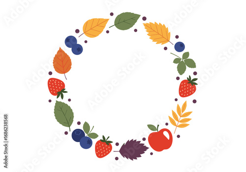 Autumn harvest circle frame featuring fruits and fall foliage designs for a festive seasonal greeting card