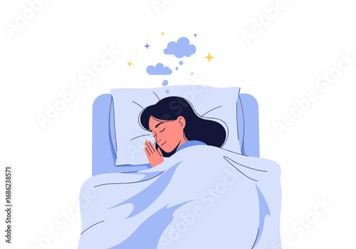 Woman peacefully sleeping in bed dreaming sweet dreams under soft blankets illustration
