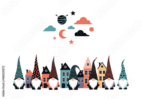 Whimsical village gnomes under a celestial night sky with cozy buildings