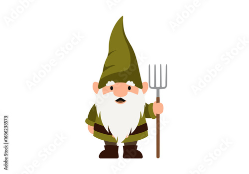 A cheerful garden gnome holding a pitchfork ready for work in a lush green outfit