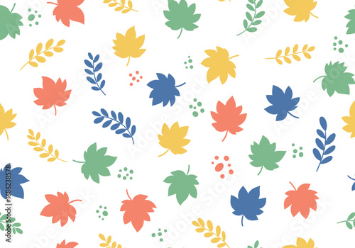A vibrant collection of autumnal leaf patterns and delicate floral accents scattered across a crisp white background